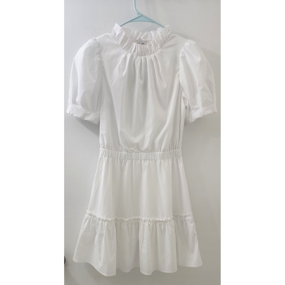 White Ruffle Neck Puff Sleeve Tiered Mini Dress CC111A78546R
